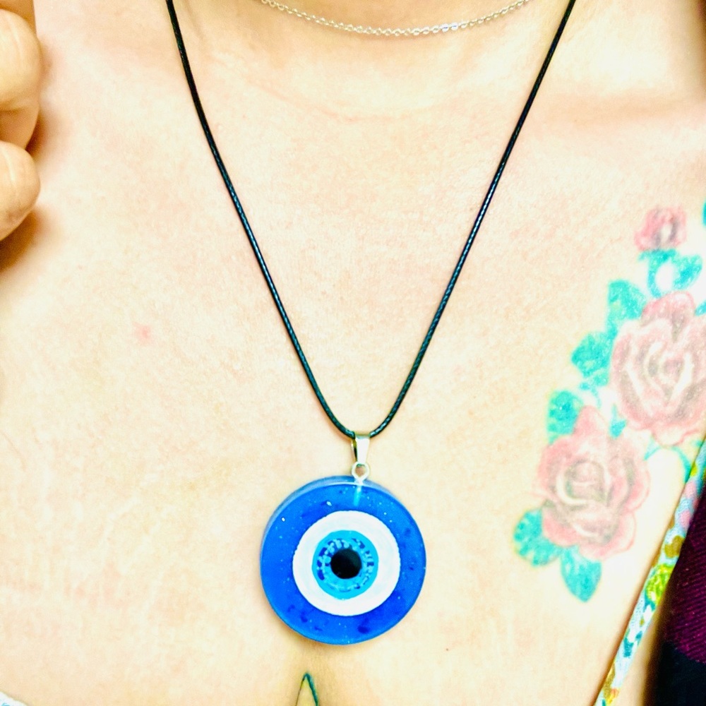 Light Blue Evil Eye Protection Necklace, Black Wax Cord